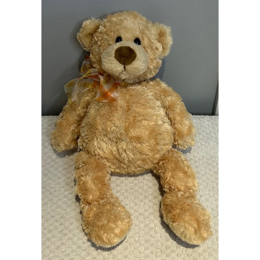 Gund Manni Teddy Bear Tan Shaggy Plush Stuffed Animal Plaid‎ Bow 15015